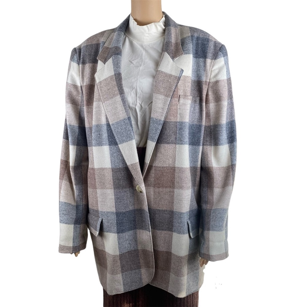 Elegant Leslie Fay Plaid Soft Neutral Colored Wool blend Size 18-Vintage Blazer